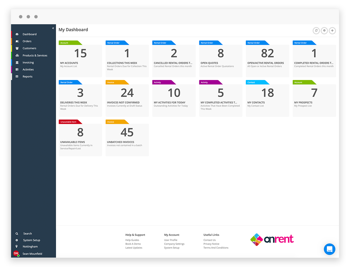 Desktop screenshot of the OnRent Dashboard