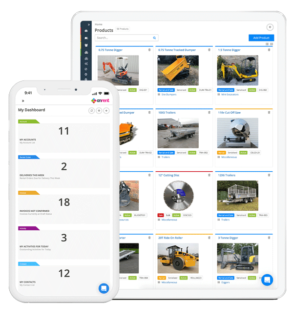 An ipad and mobile phone displaying the OnRent software